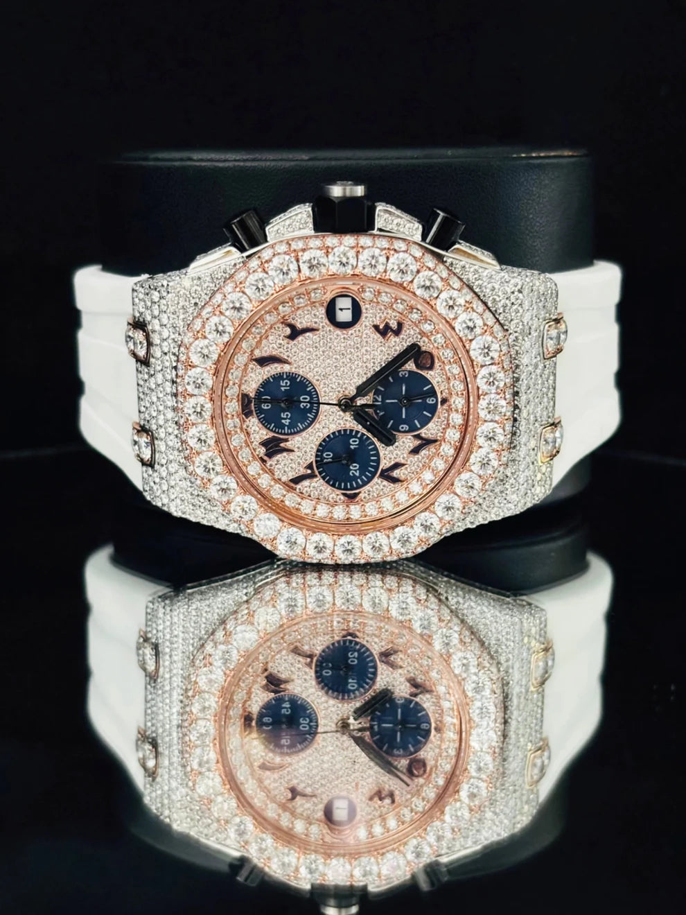 41MM White Rubber Strap Two Tone Multi Dial Moissanite Watch