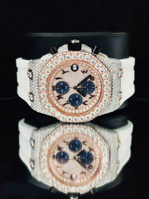 close- up view Iced out custom diamond chronograph luxury watch with white rubber band