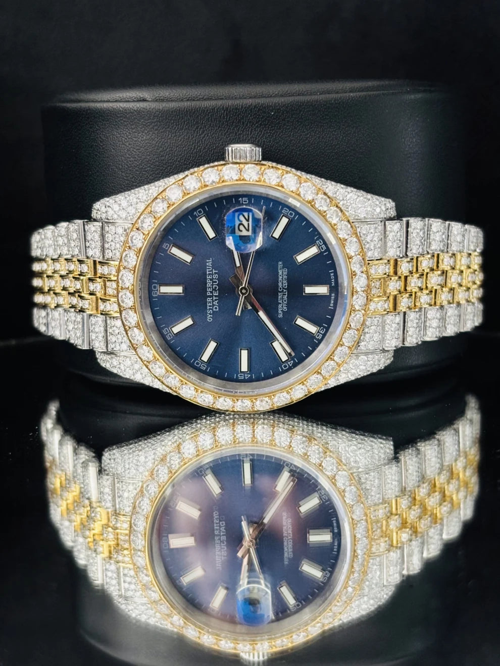 Dual Tone Blue Dial Moissanite Watch With Jubilee Belt
