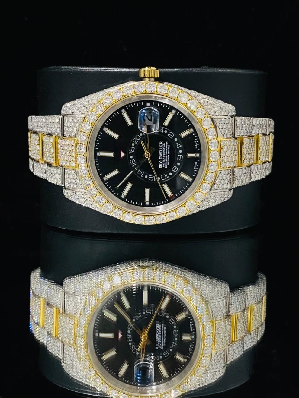 Dual Tone Black Dial Sky Dweller Moissanite Diamond Watch