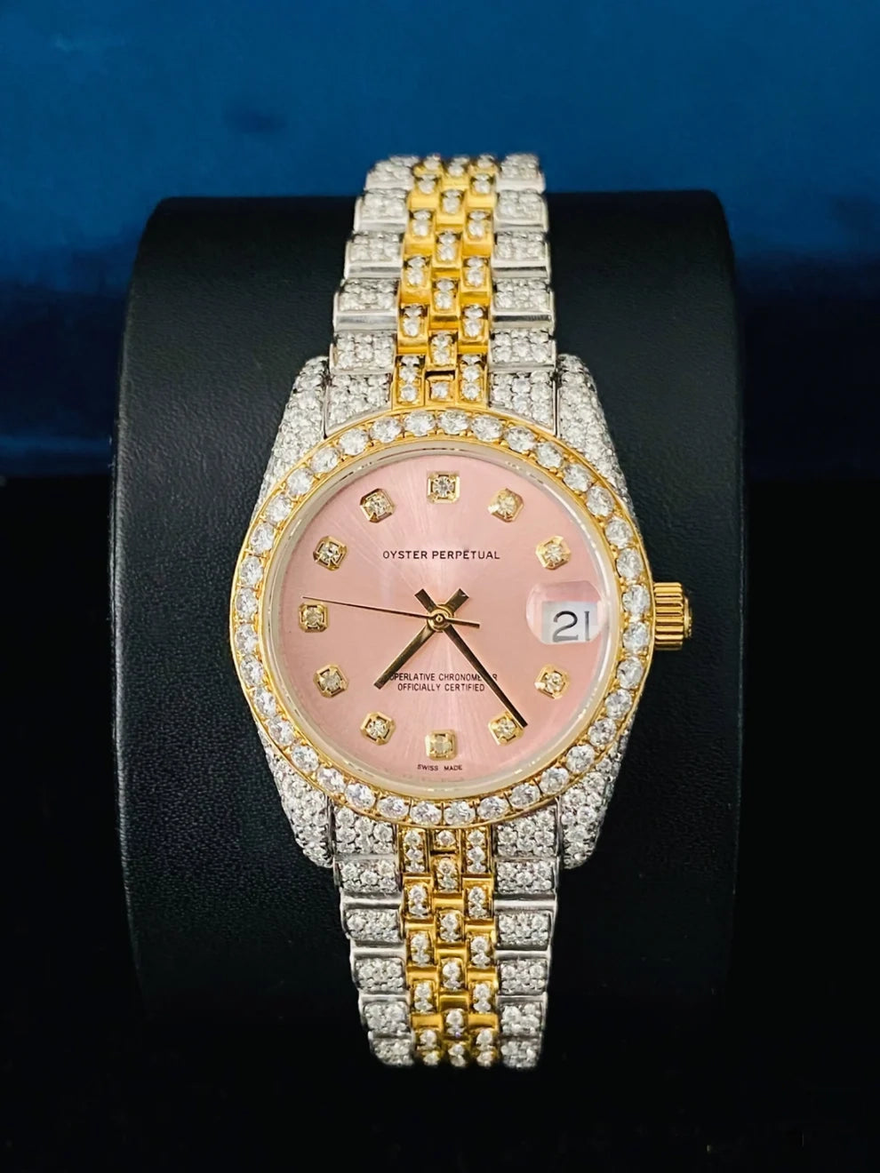 Women's 31MM Two Tone Iced Out Pink Dial Moissanite Watch