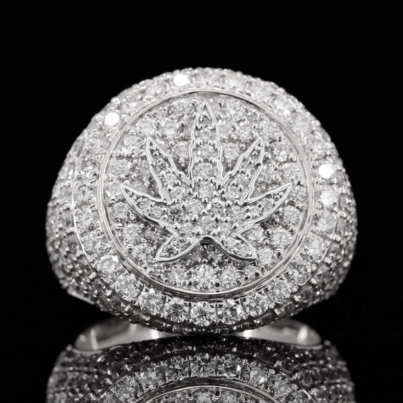 front view of the Iced out diamond ring with weed leaf design