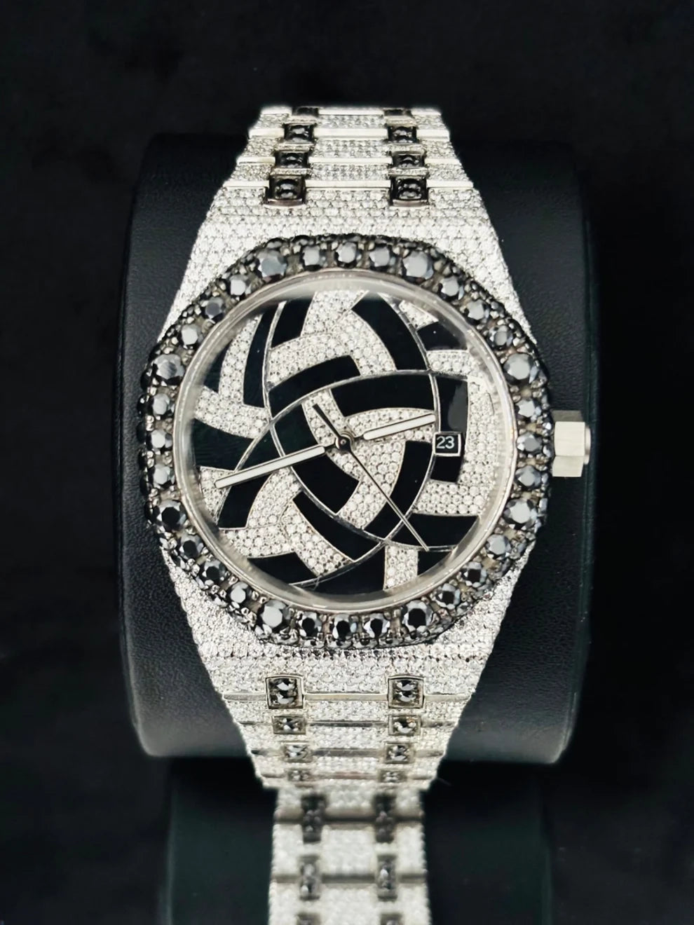 Geometric Dial Black & White Iced Out Hip Hop Moissanite Watch