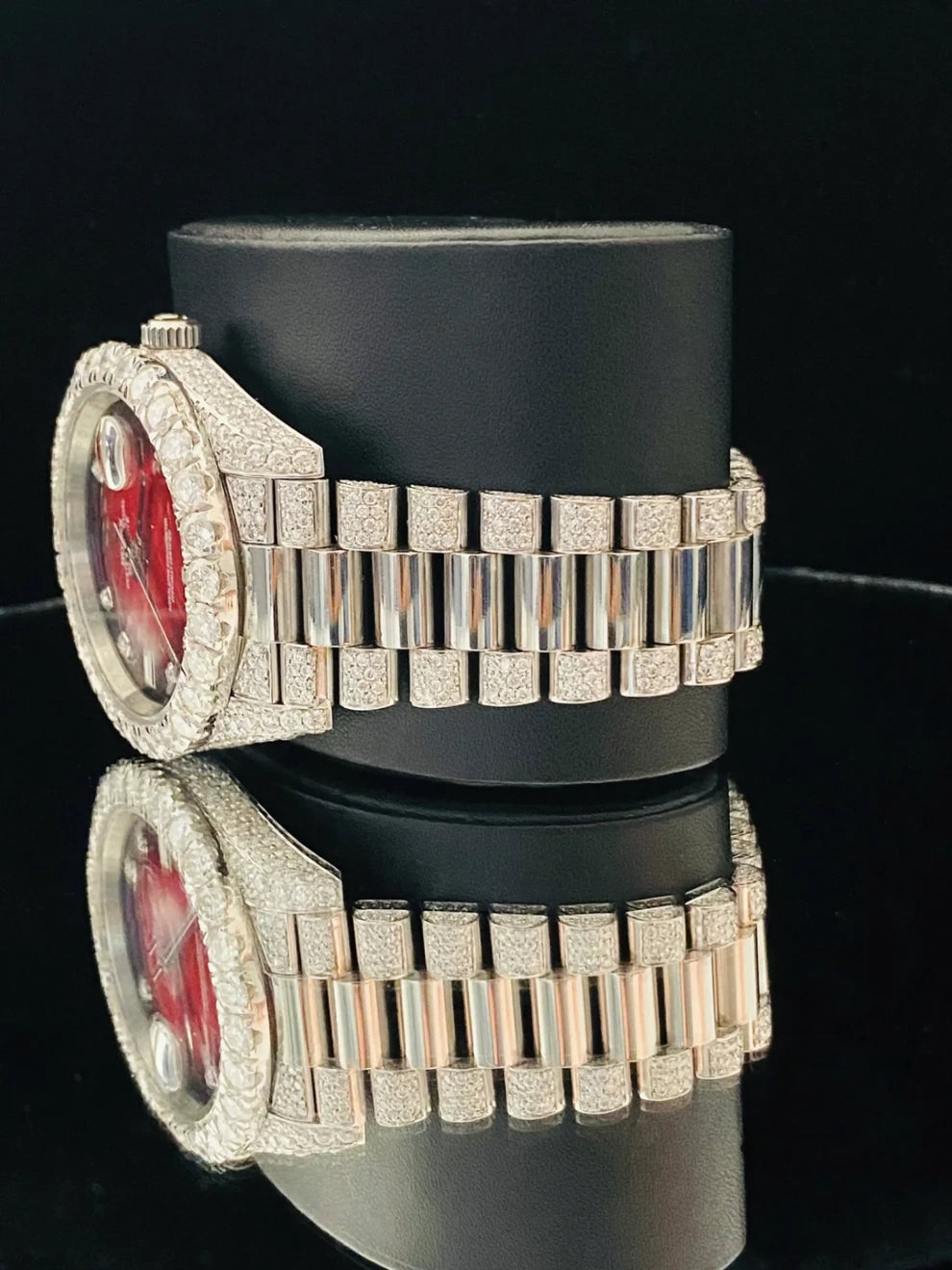 Elegant Red Black Dial Iced Out Moissanite Watch For Men