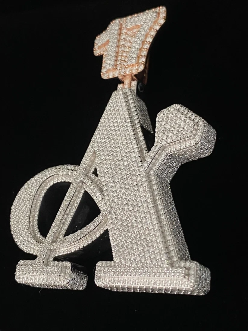 Custom iced-out diamond letter A pendant with number 17 bail charm