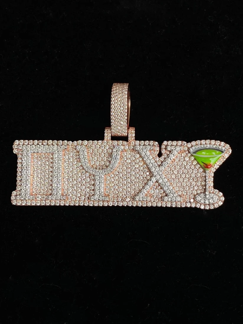 Iced out custom name pendant reading "MYX" with martini glass icon
