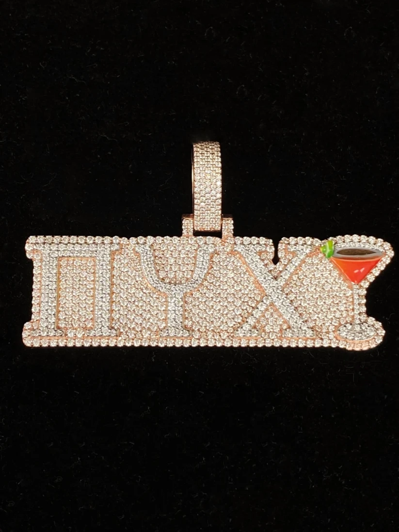front view custom diamond name pendant necklace featuring Cyrillic letters "ПУХ" in rose gold iced out setting with a cocktail glass accent emoji.