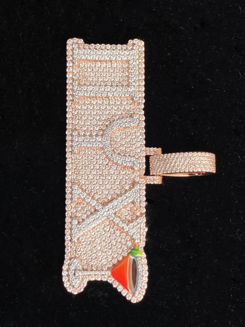 Custom iced-out vertical name pendant in rose gold with pavé diamonds and a martini glass charm.