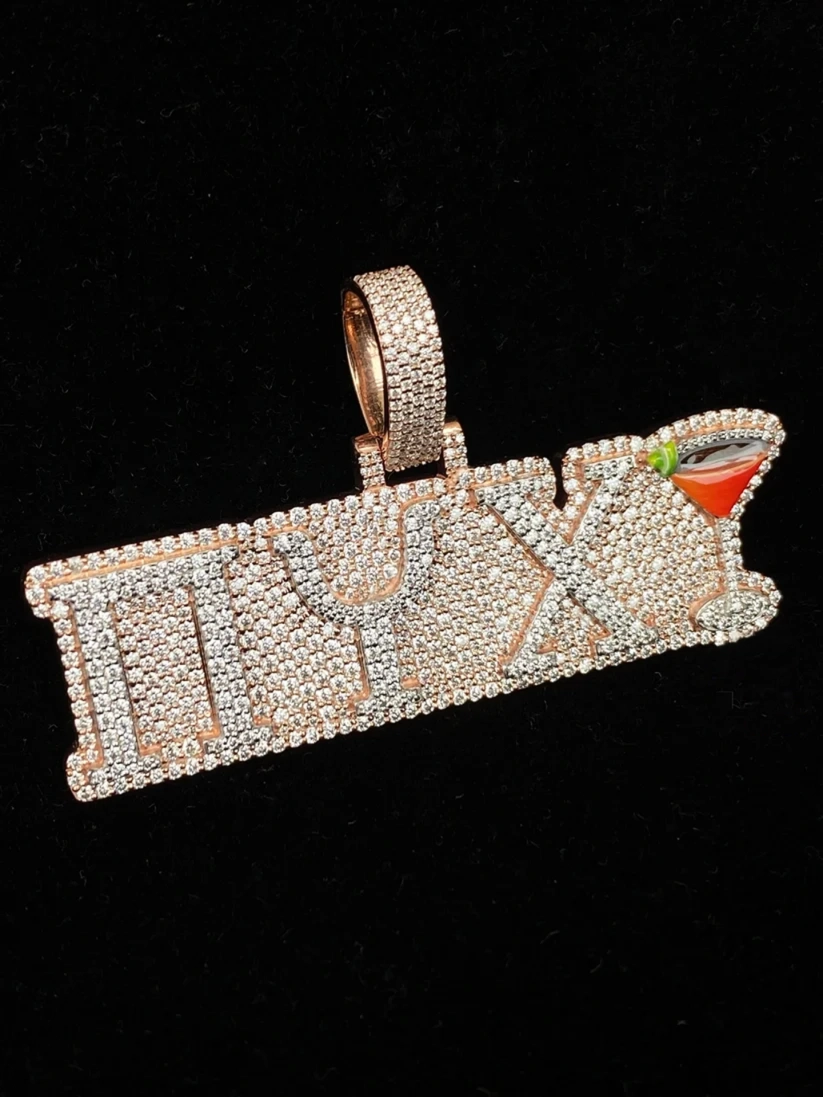 Custom diamond name pendant spelling ΠYX with a cocktail glass accent