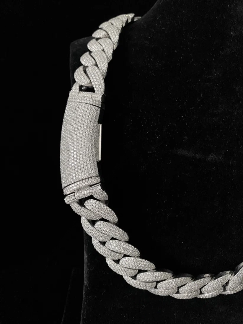 Men's luxury streetwear fashion showcasing a heavy iced out Cuban link choker chain