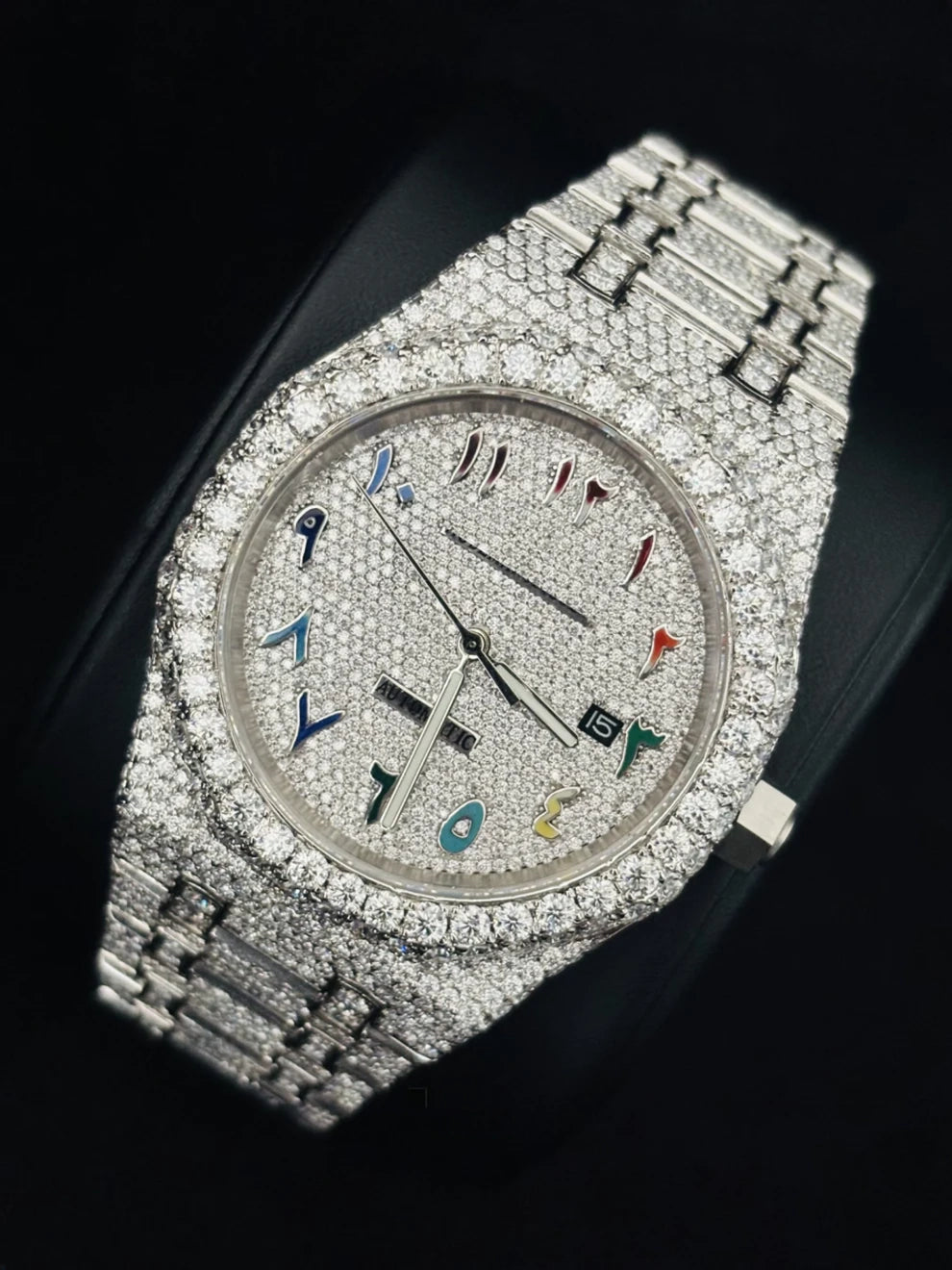 Fully Iced Out Colorful Arabic Dial VVS Moissanite Watch
