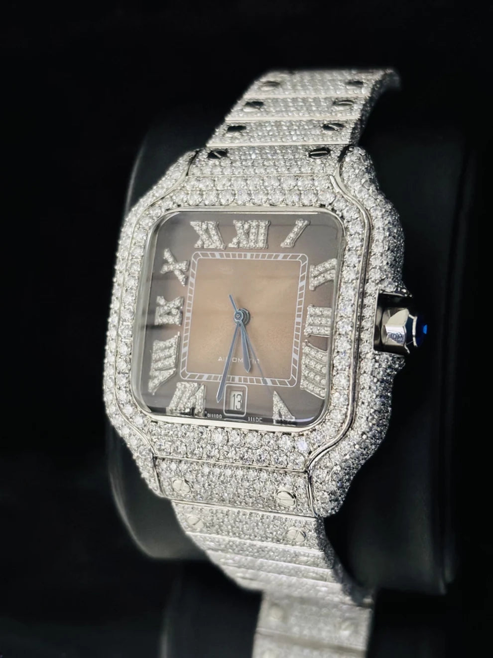 Chocolate Dial Roman Number Hip Hop Moissanite Watch