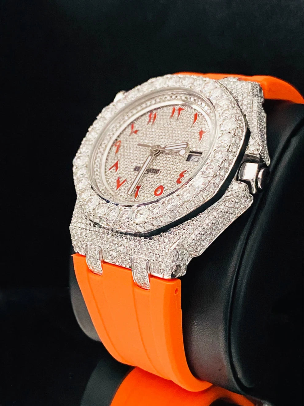Orange Silicone Belt Bling Fully Iced Out Diamond Watch