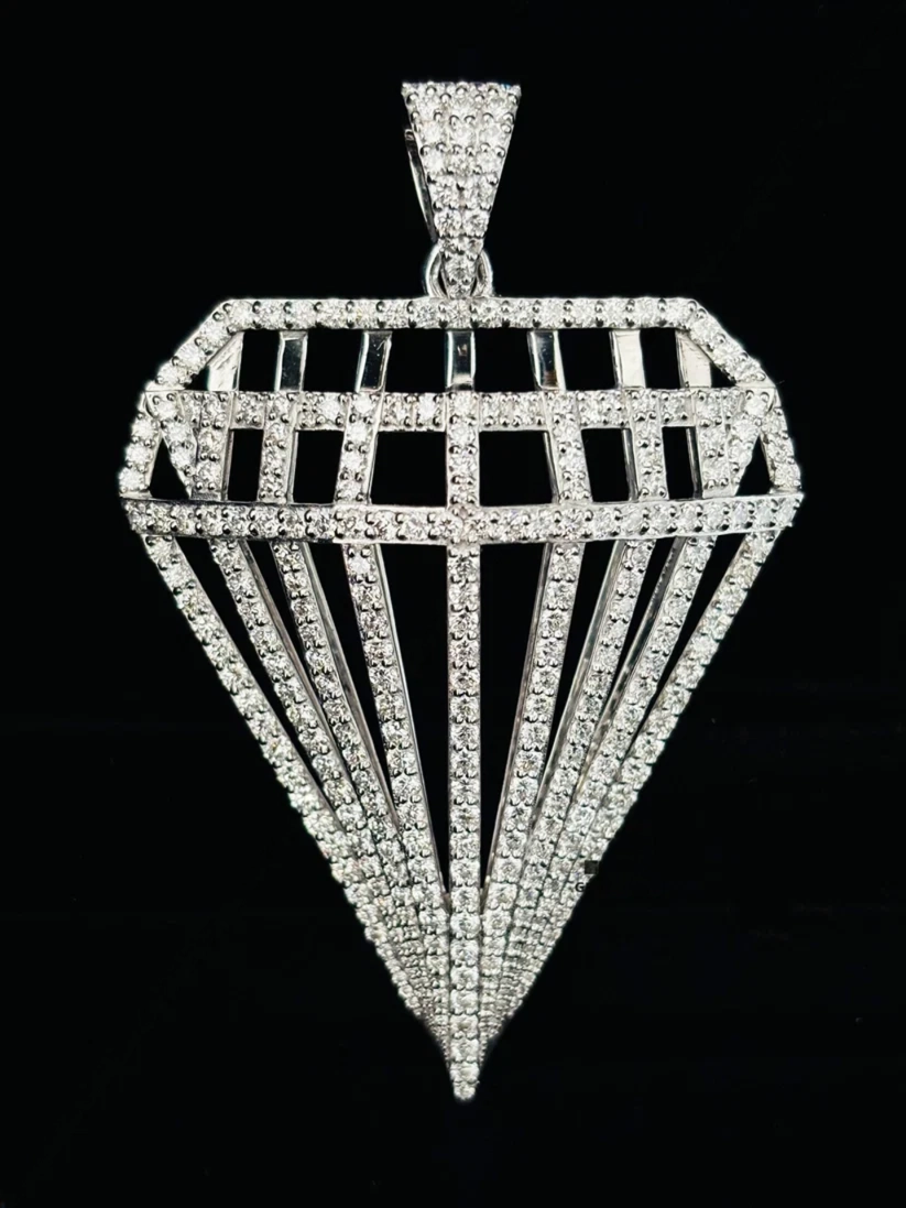 front view Iced out diamond shaped cutout pendant in sterling silver