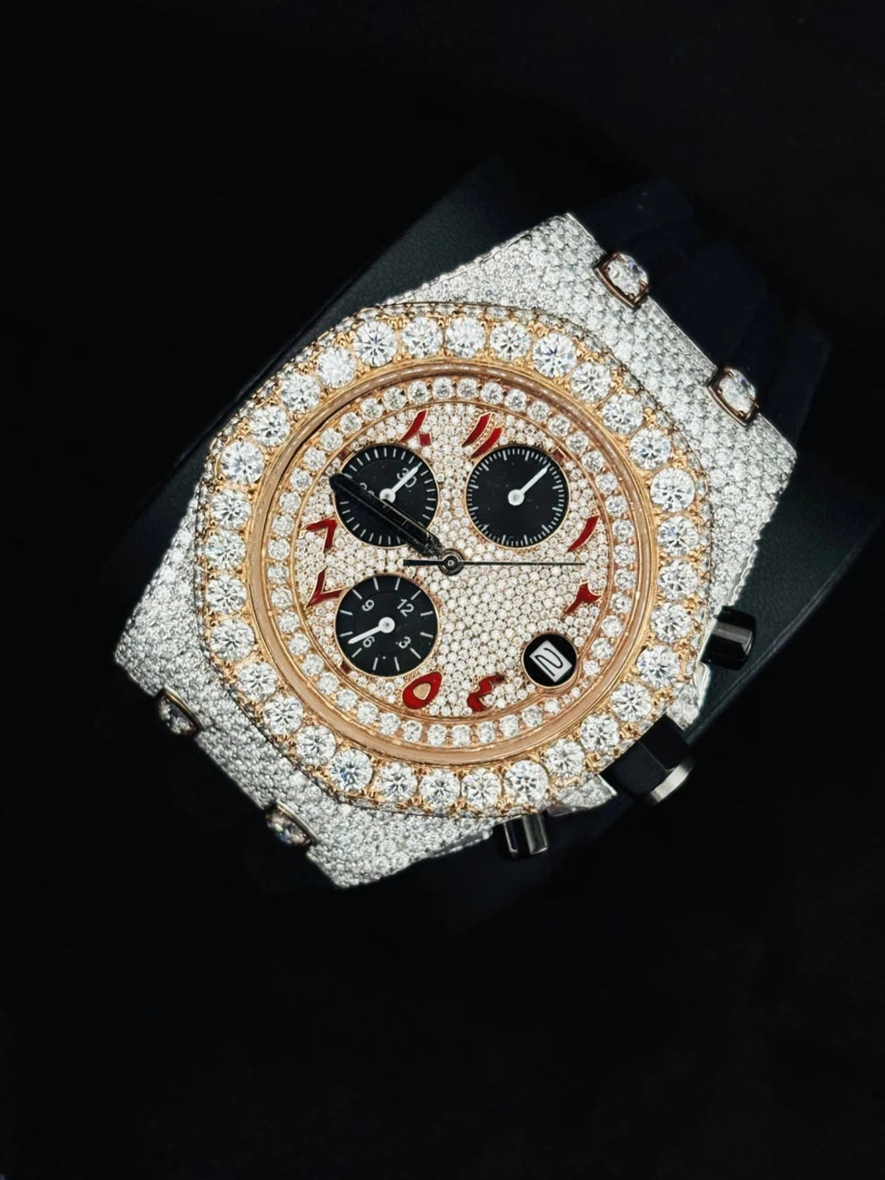 Red Arabic Number Moissanite Watch With Black Silicon Straps