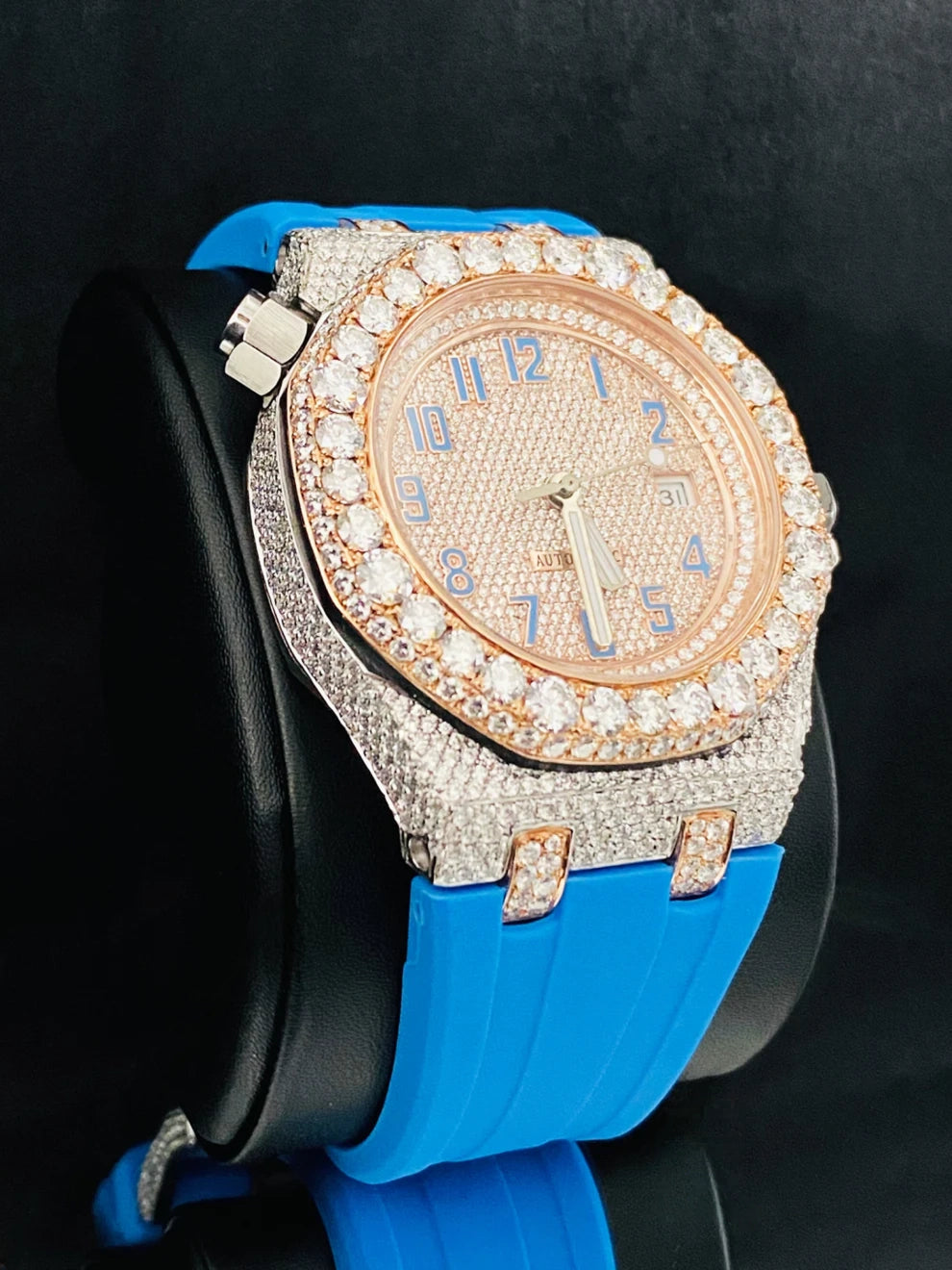 Fully Face Dial Sky Blue Silicon Strap Moissanite Watch