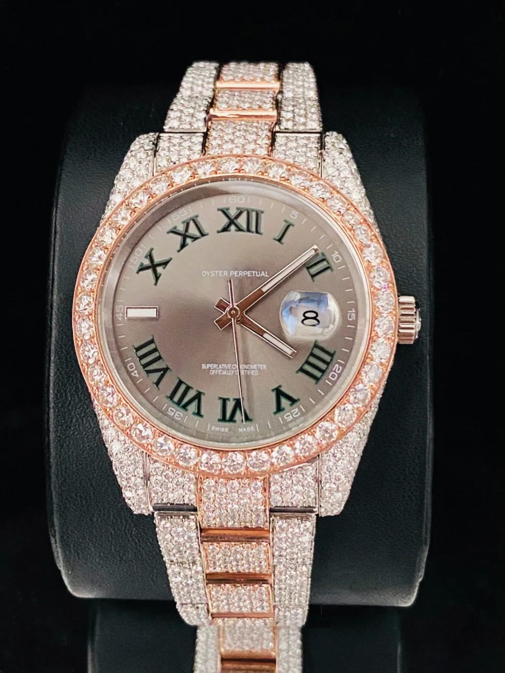 Slate Green Dial Roman Numerals Dual Tone Moissanite Watch