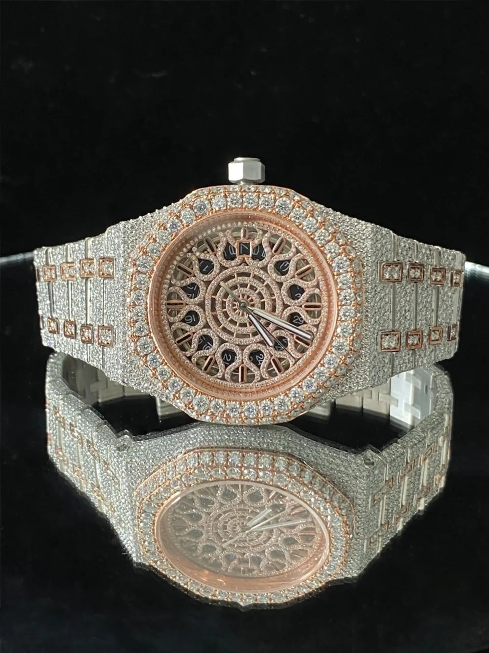 Two Tone Rose Gold Plated Skeleton Dial Moissanite Watch