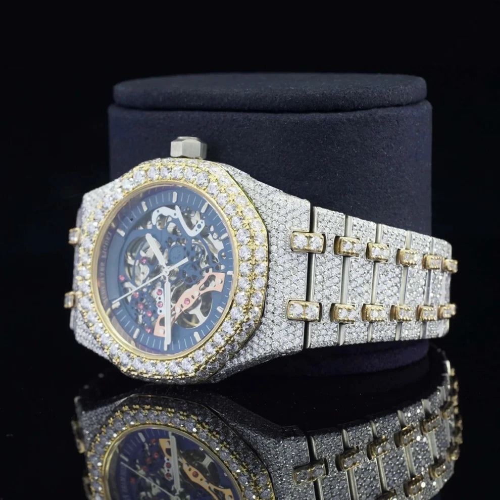 Fully Studded Iced Out Blue Skeleton Bussed Down Watch