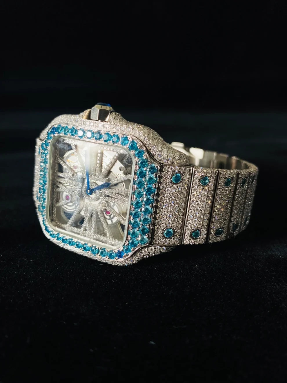 Luxury Skeleton Dial VVS Sky Blue Moissanite Diamond Watch