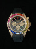 Black Strap With Colorful Baguette Bezel Dial Moissanite Watch