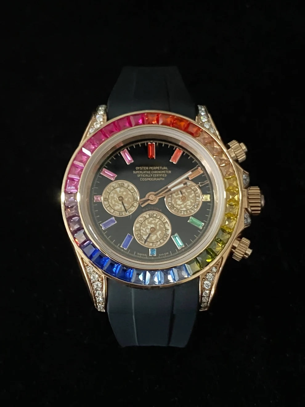 Black Strap With Colorful Baguette Bezel Dial Moissanite Watch