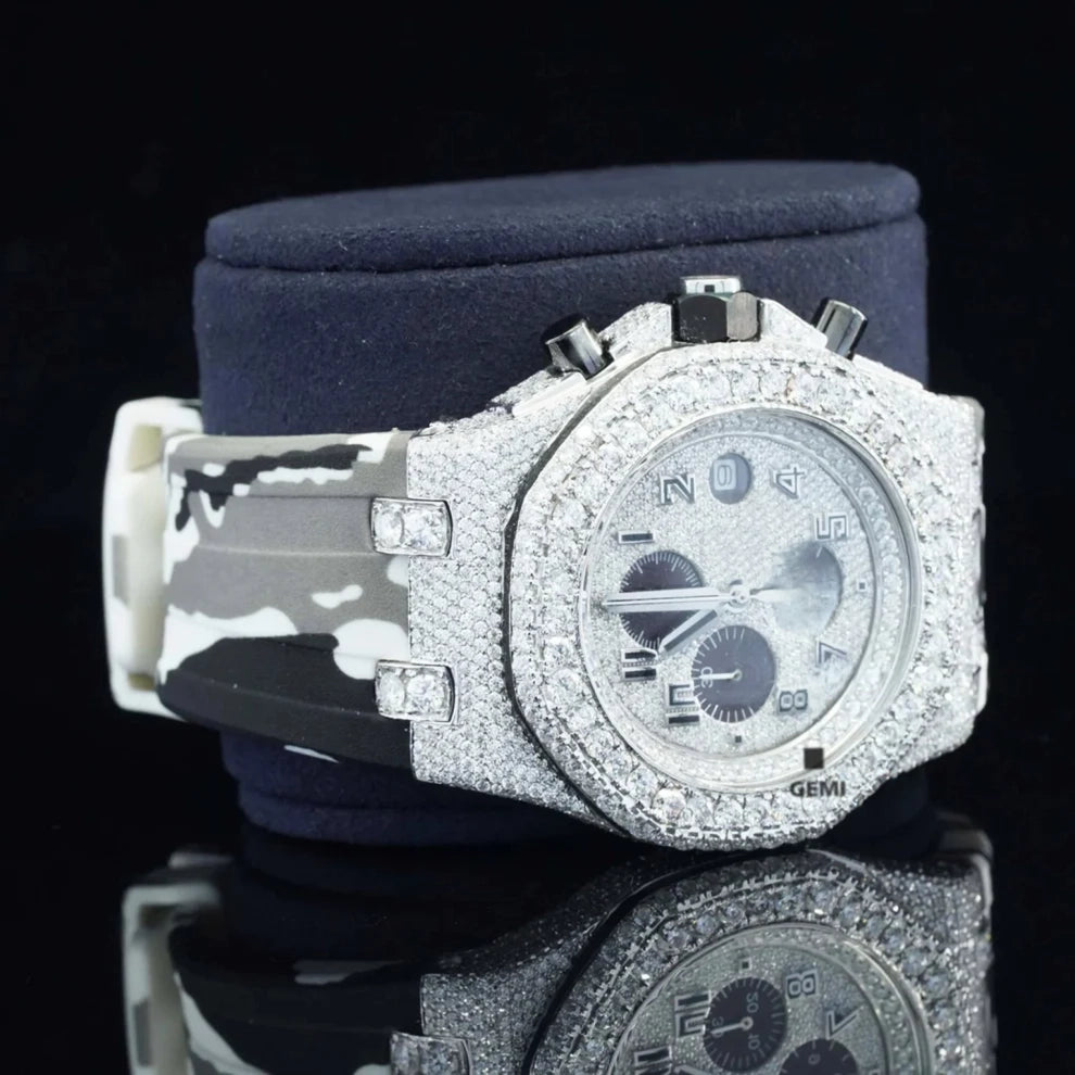Military Silicon Strap Iced Hip Hop Moissanite Diamond Bling Watch
