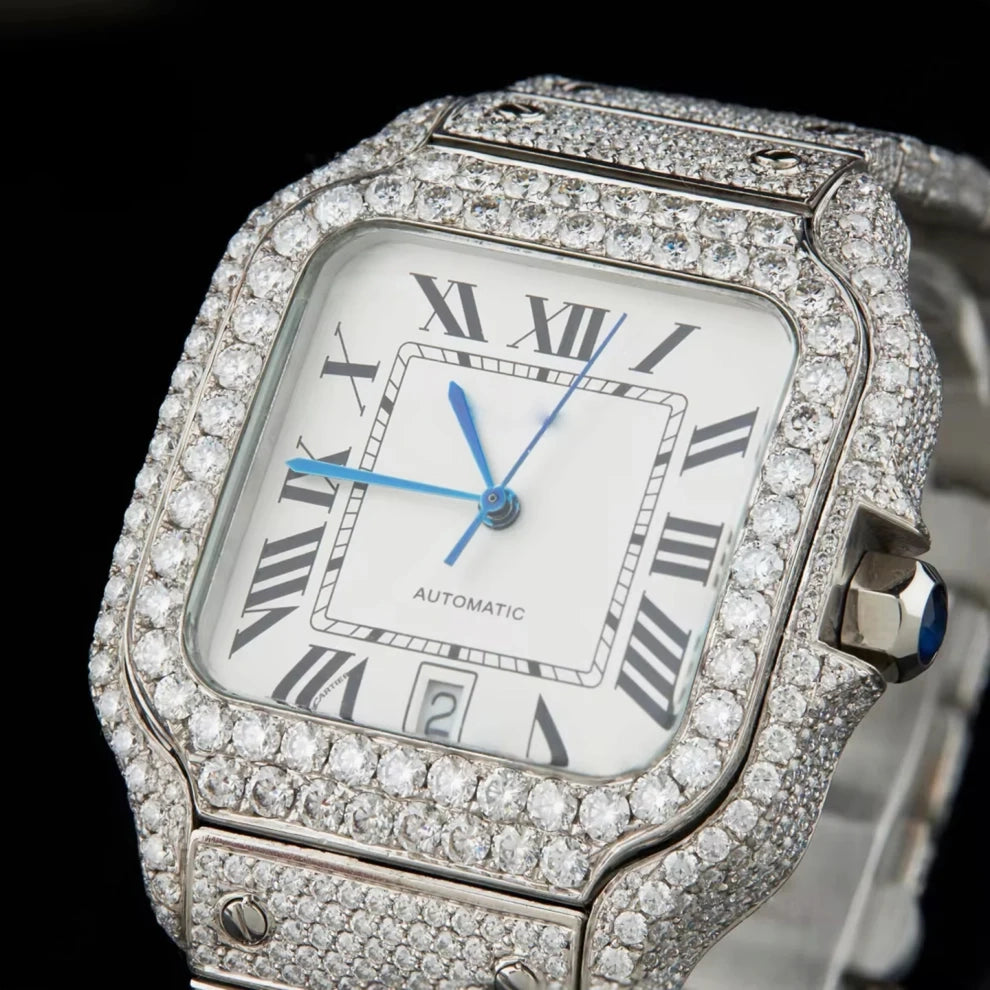 White Plain Dial Hip Hop Moissanite Diamond Stud Watch