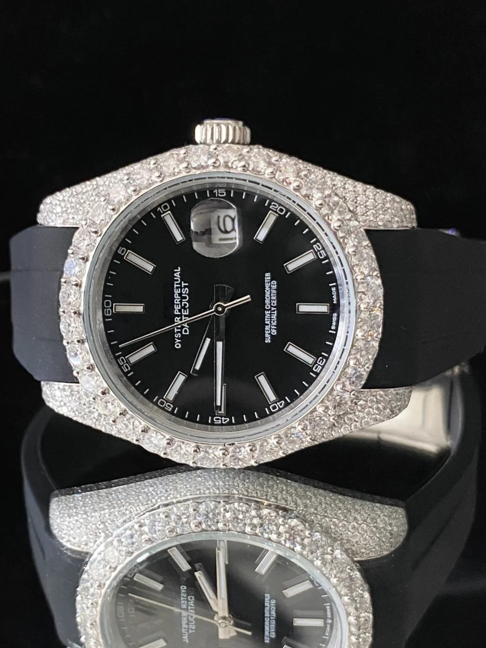 Big Bezel Black Dial Moissanite Watch With Black Silicon Strap