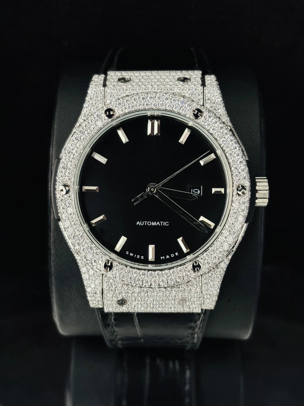 Black Dial Moissanite Wrist Watch With Black Leather Belt