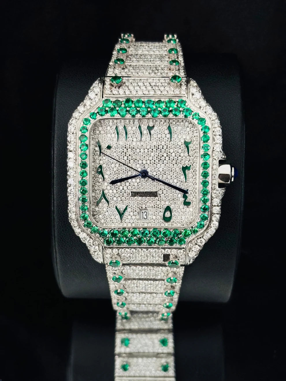 41MM Fully Iced Out White & Green Moissanite Stone Watch