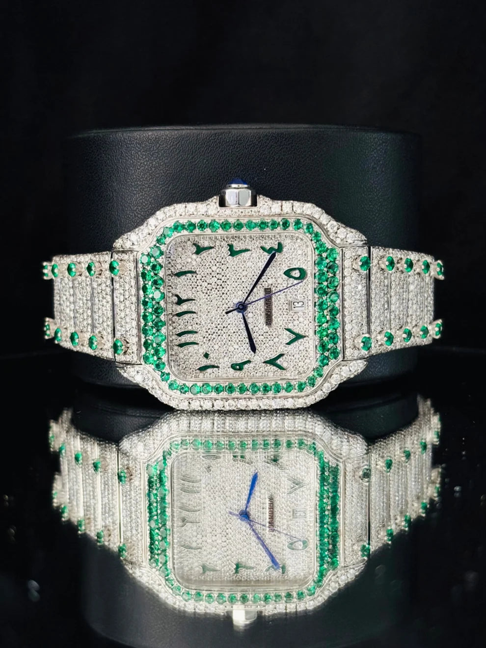 41MM Fully Iced Out White & Green Moissanite Stone Watch