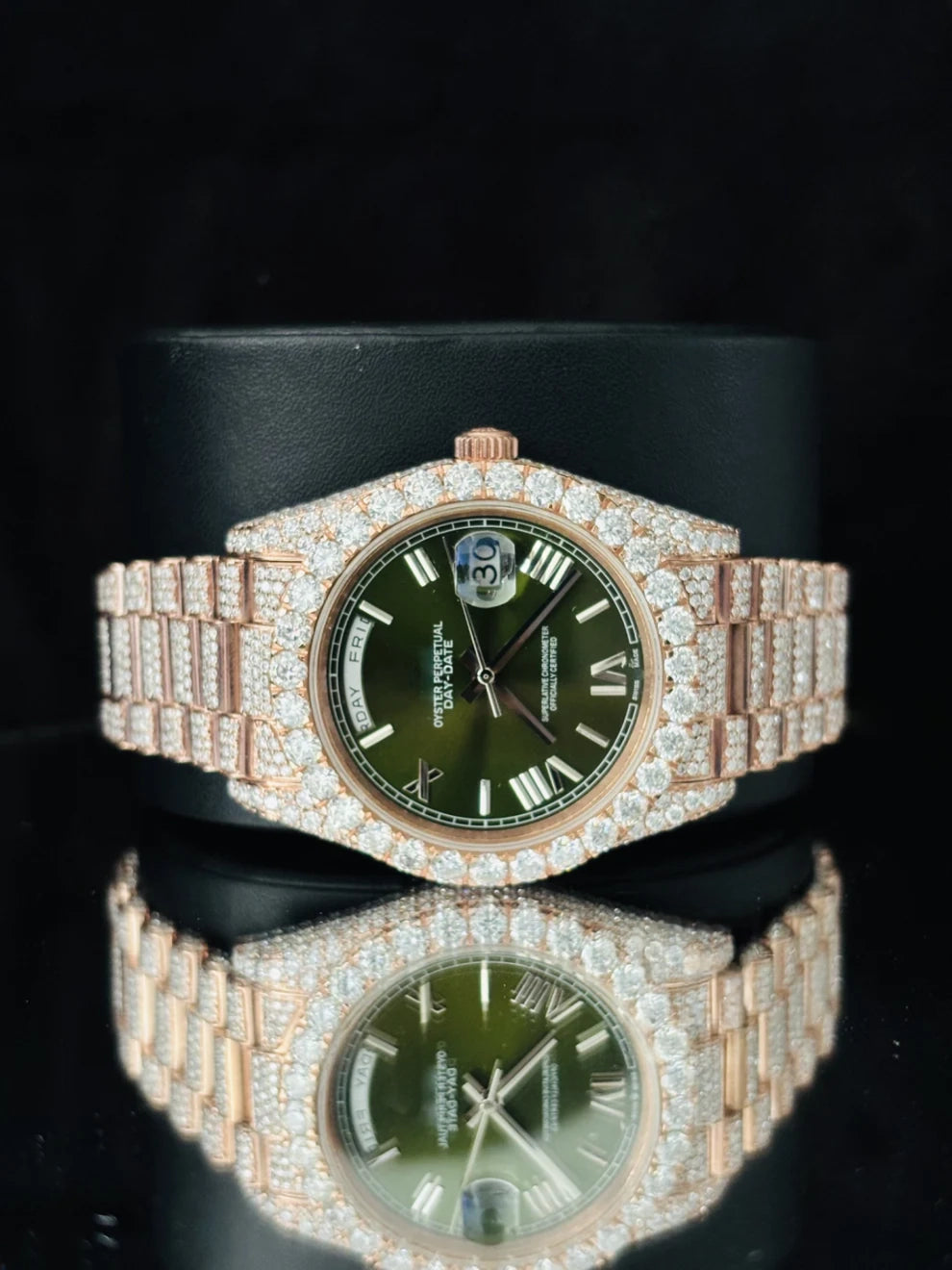 Green Dial Roman Number Iced Out Moissanite Hip Hip Watch