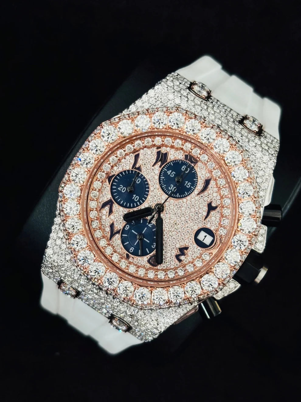 41MM White Rubber Strap Two Tone Multi Dial Moissanite Watch