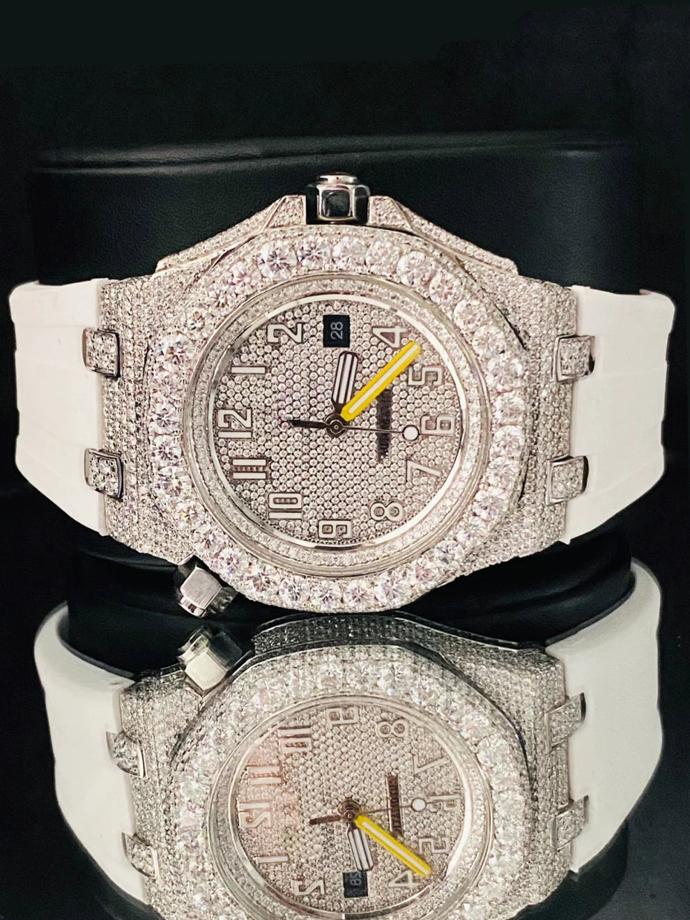 Big Bezel Iced Out Moissanite White Silicon Belt Watch