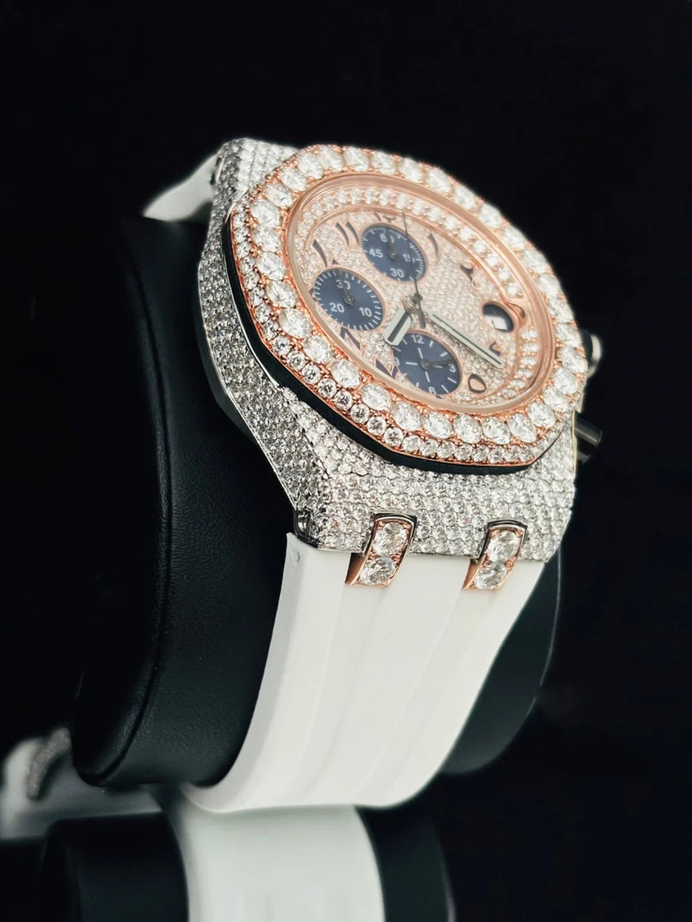 41MM White Rubber Strap Two Tone Multi Dial Moissanite Watch