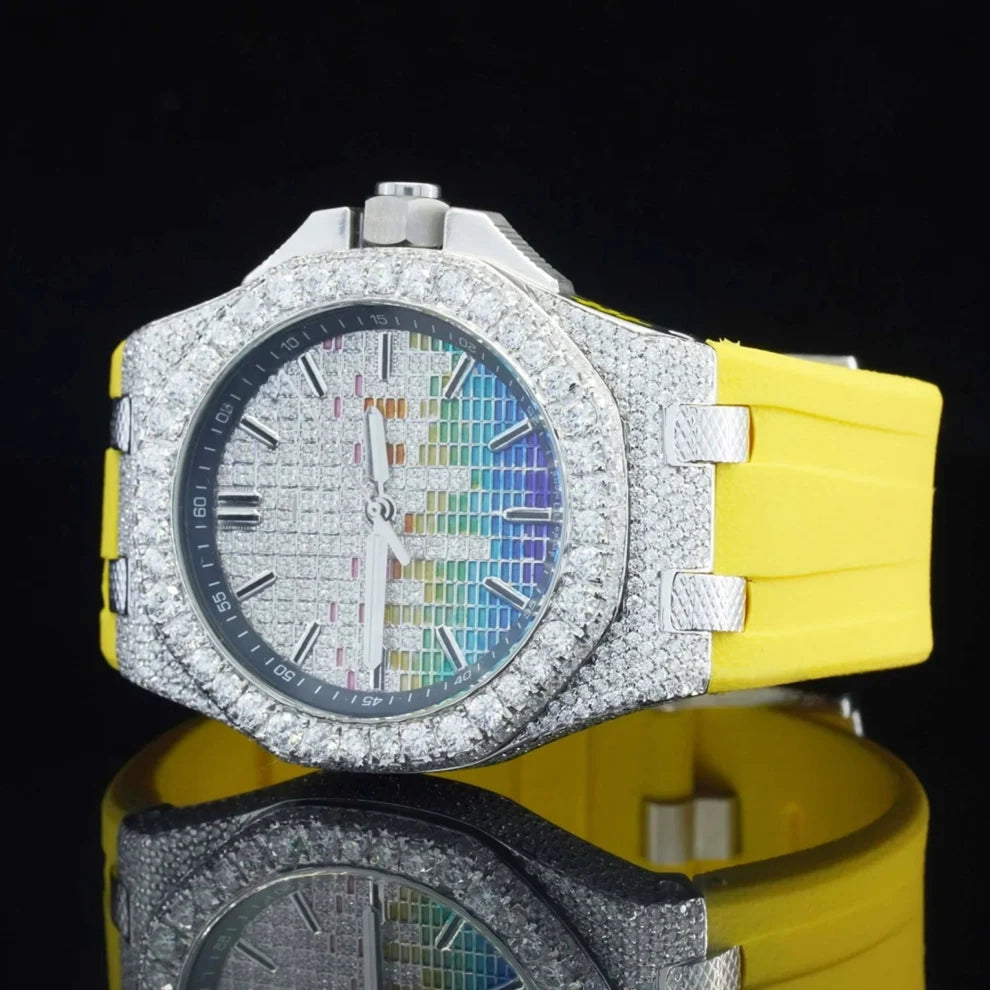 Trendy Yellow Silicone Straps Round Moissanite Fully Bust Down Watch