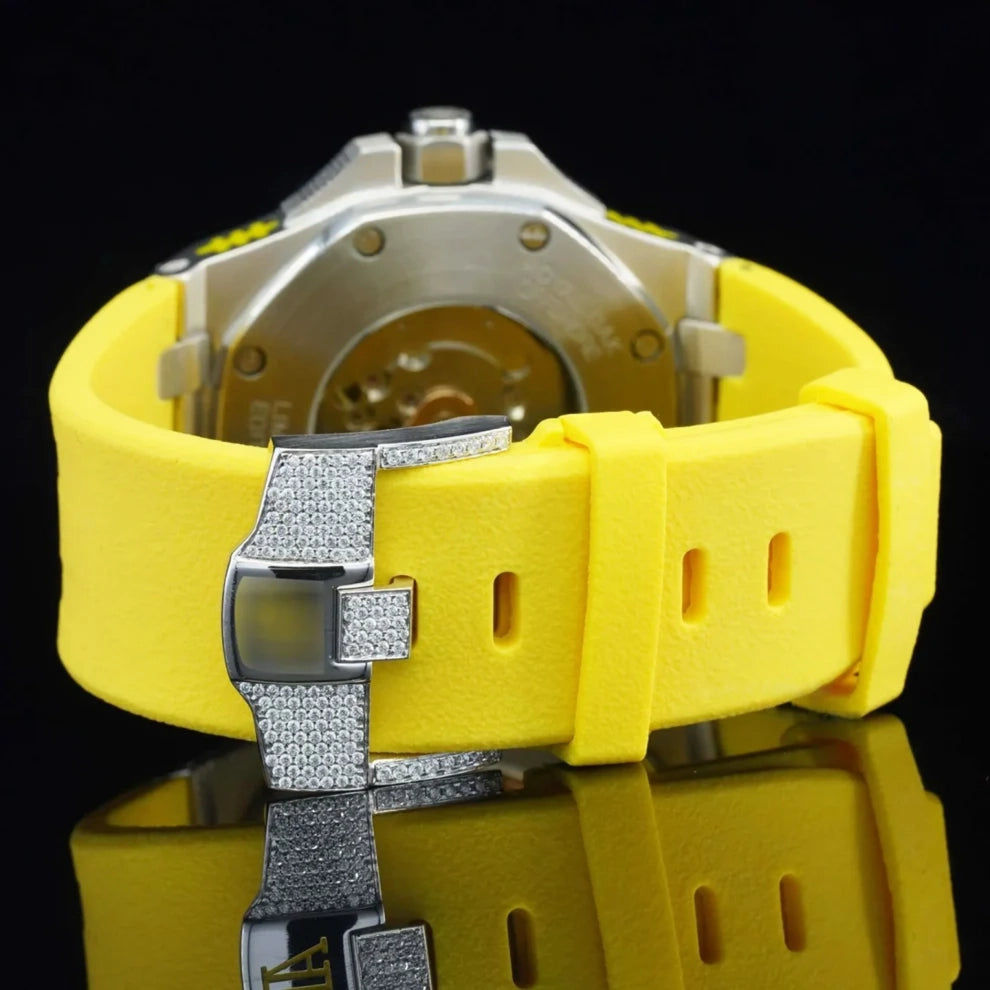 Trendy Yellow Silicone Straps Round Moissanite Fully Bust Down Watch