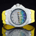 Trendy Yellow Silicone Straps Round Moissanite Fully Bust Down Watch