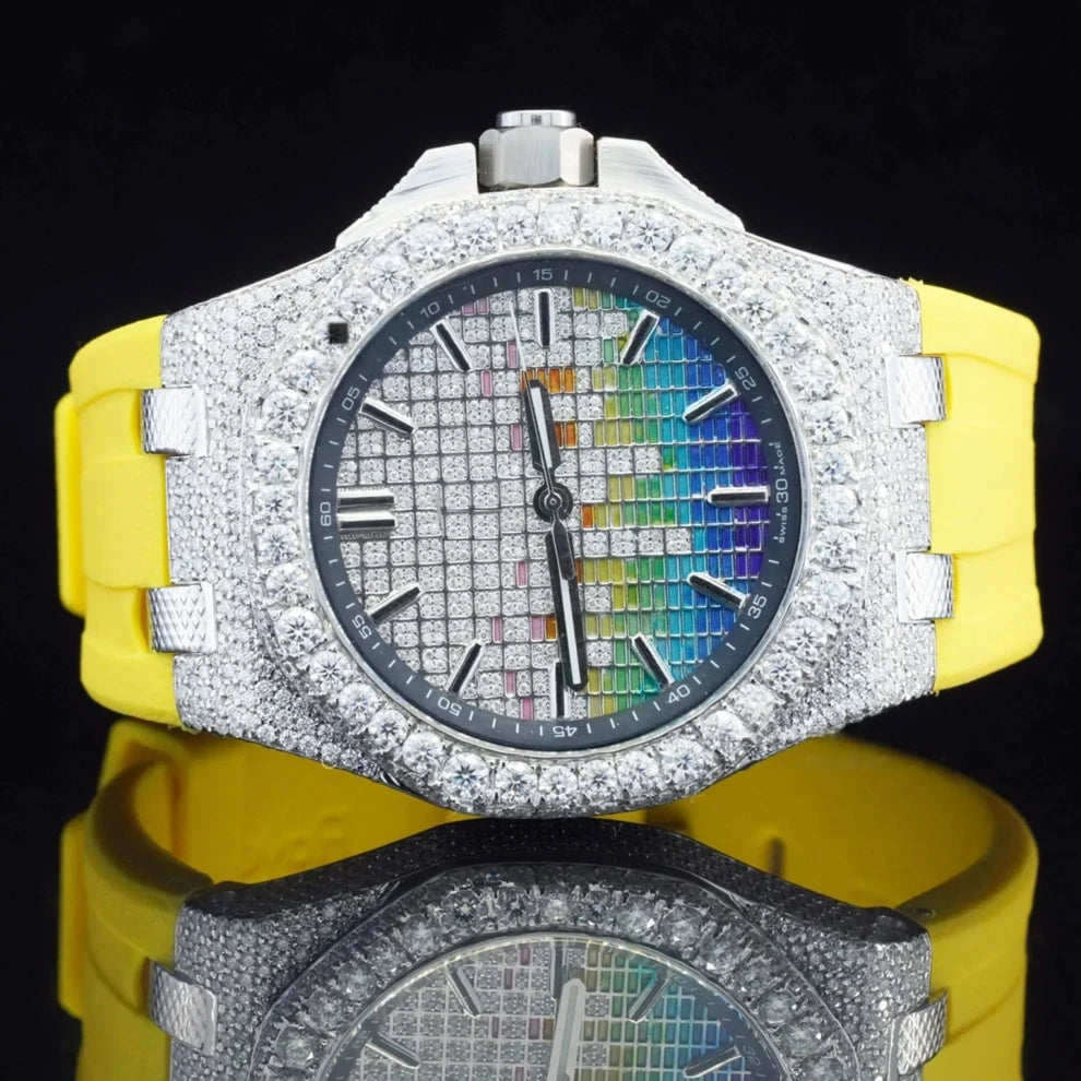 Trendy Yellow Silicone Straps Round Moissanite Fully Bust Down Watch