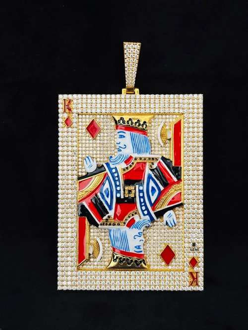 front view Iced out King of Diamonds playing card pendant in yellow gold with moissanite diamonds and colorful enamel.
