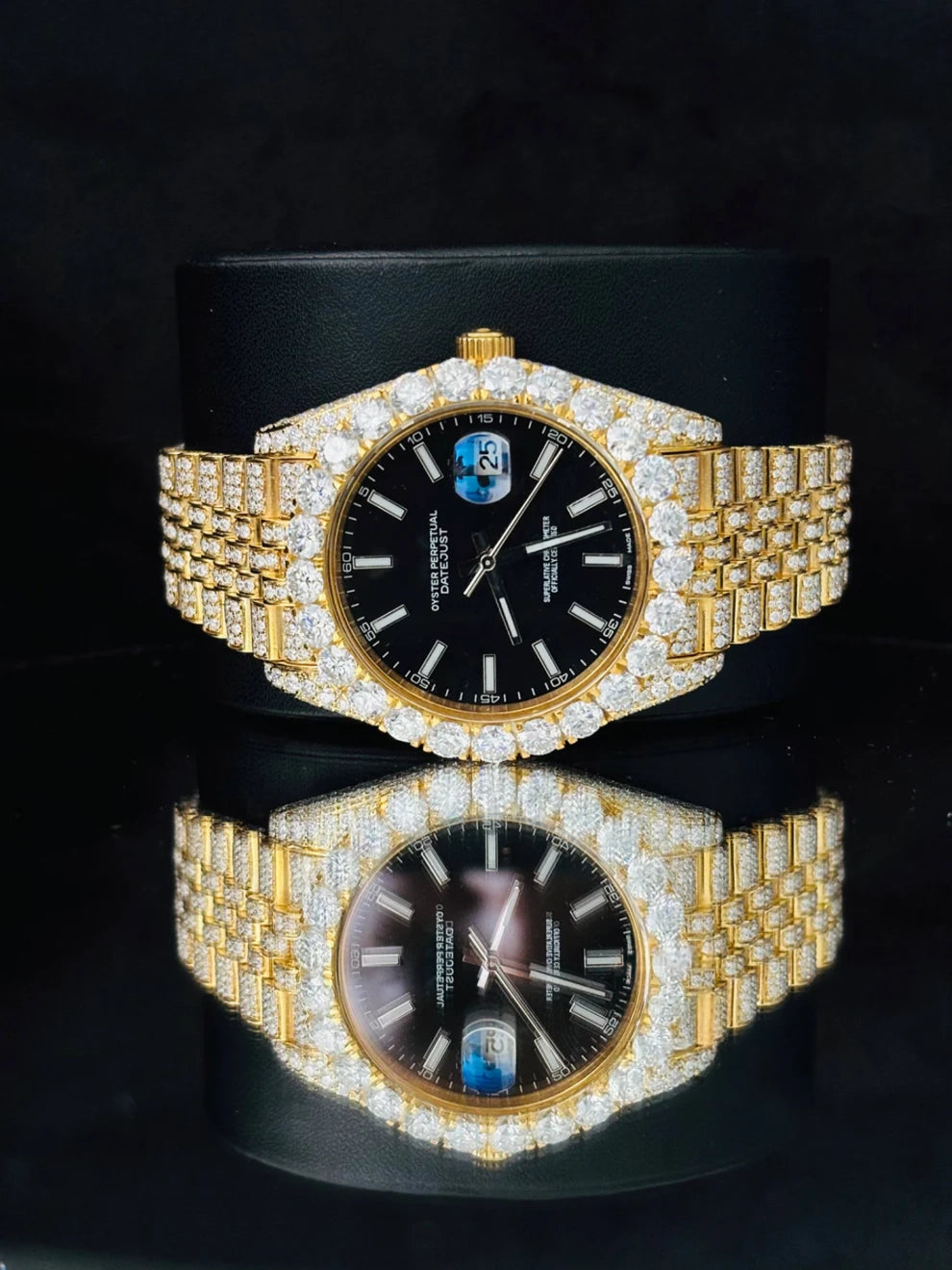 41MM Black Dial White Bar Iced Out Moissanite Watch