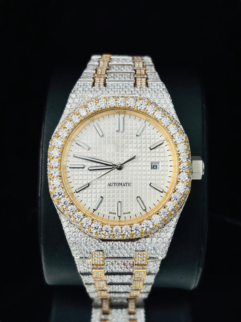White Dial Two Tone Moissanite Diamond Studded Watch