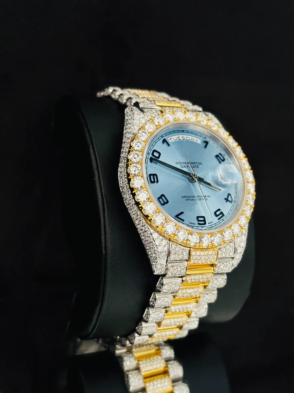 Dual Tone Day Date Sky Blue Dial Moissanite Watch