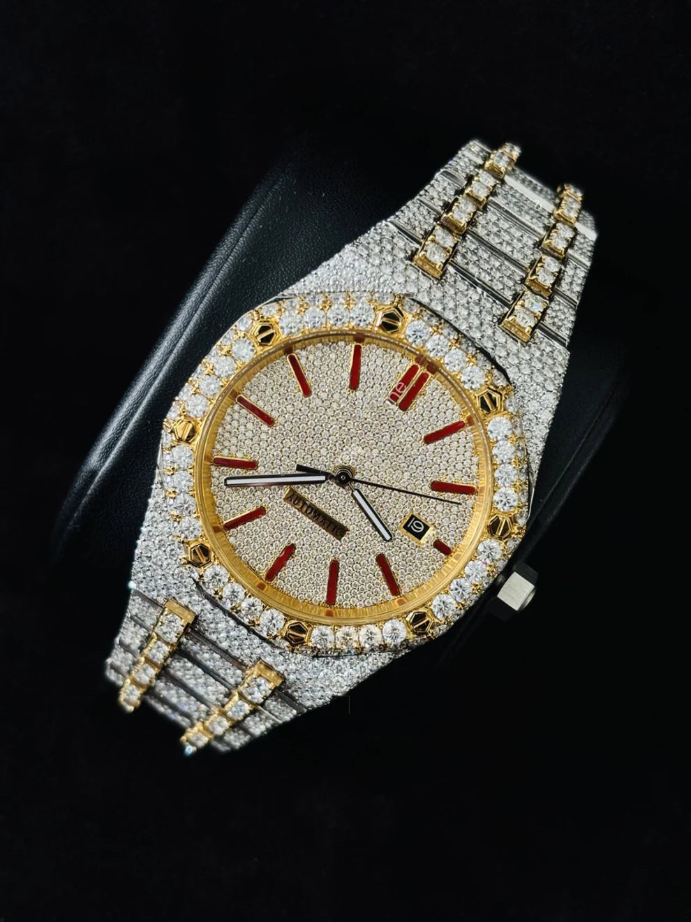 Yellow Gold Plated Red Bar Hip Hop Moissanite Watch