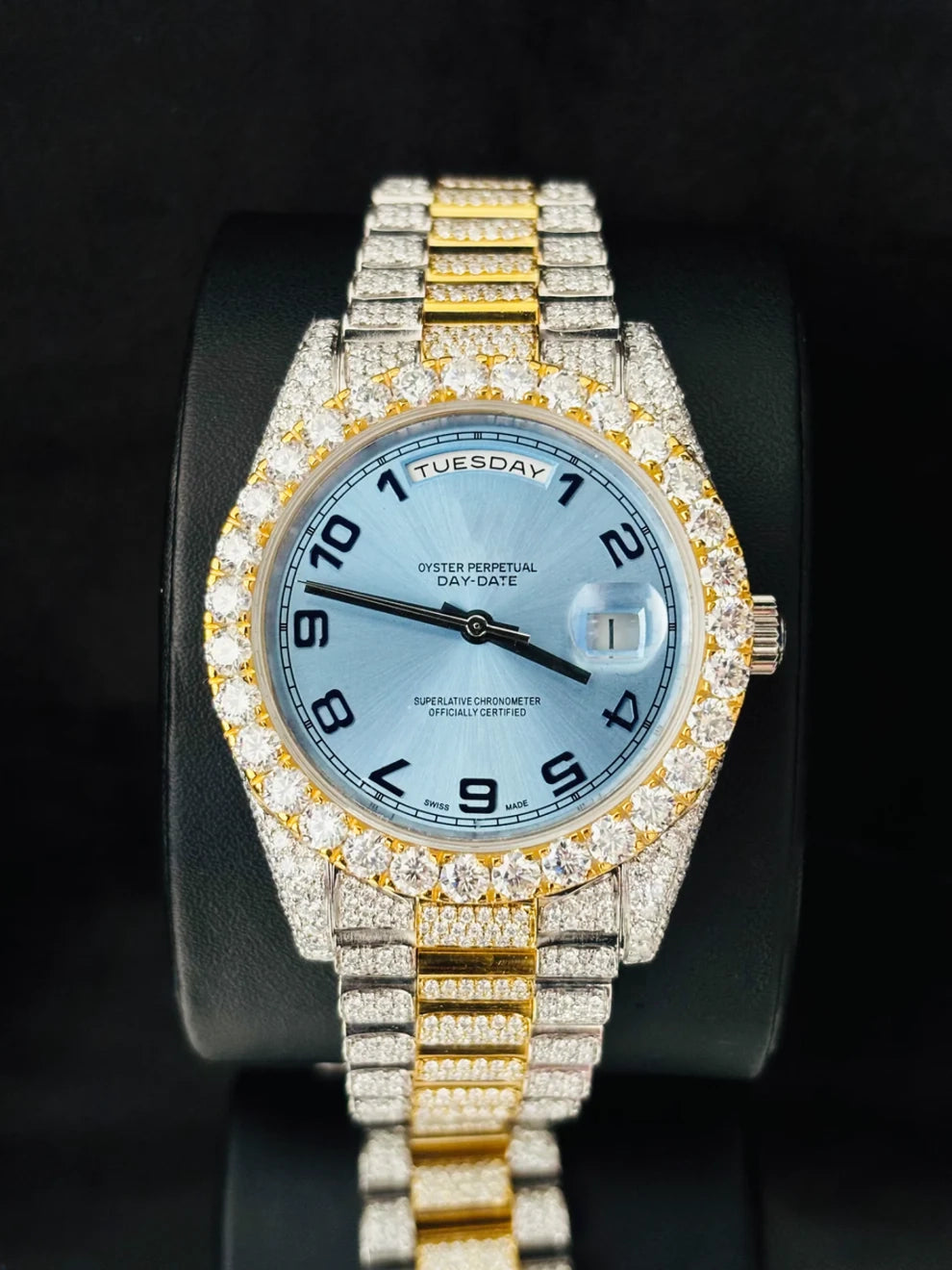 Dual Tone Day Date Sky Blue Dial Moissanite Watch