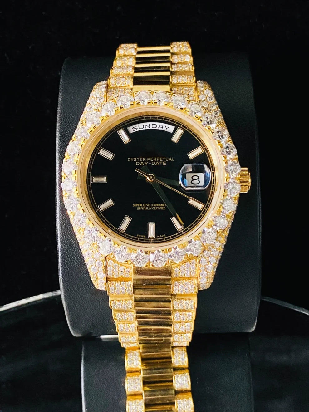 Stunning Black Dial Baguette Bar Iced Out Moissanite Watch