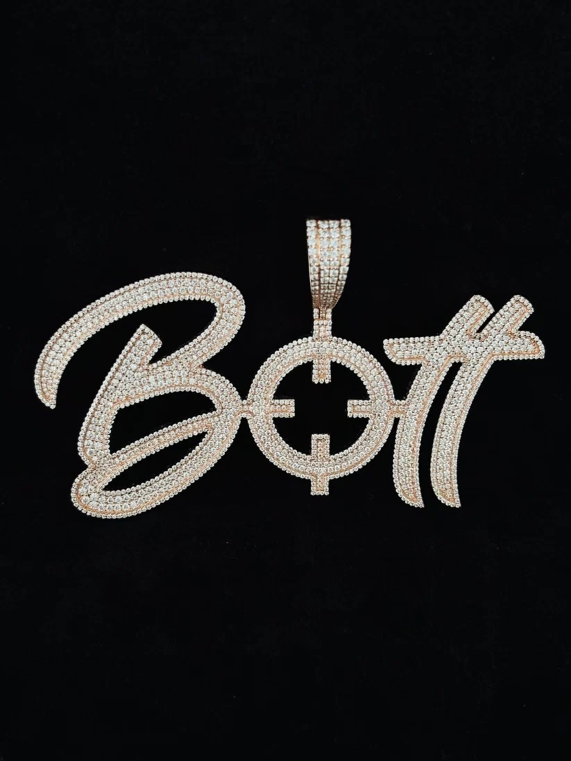 front view Custom iced out BOTT script name pendant necklace in white gold with pavé moissanite stones.