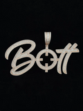 front view Custom iced out BOTT script name pendant necklace in white gold with pavé moissanite stones.