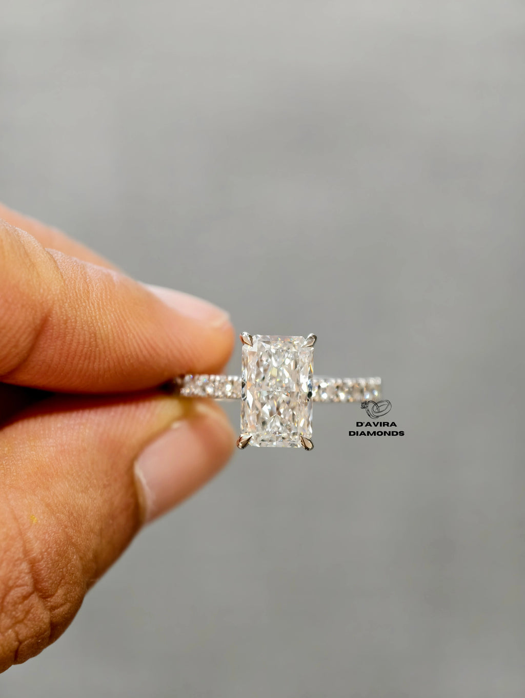 front view of the radiant cut pave set lab grown diamond ring